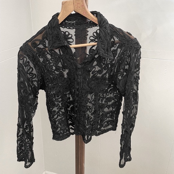 Vintage Cropped  Sheer Black  Long Sleeve Women (M-L)  crochet gothic blouse - Picture 1 of 8